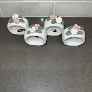 Set of 4 Napkin Rings Pink & White Embossed Raised Flowers by Albert Kessler